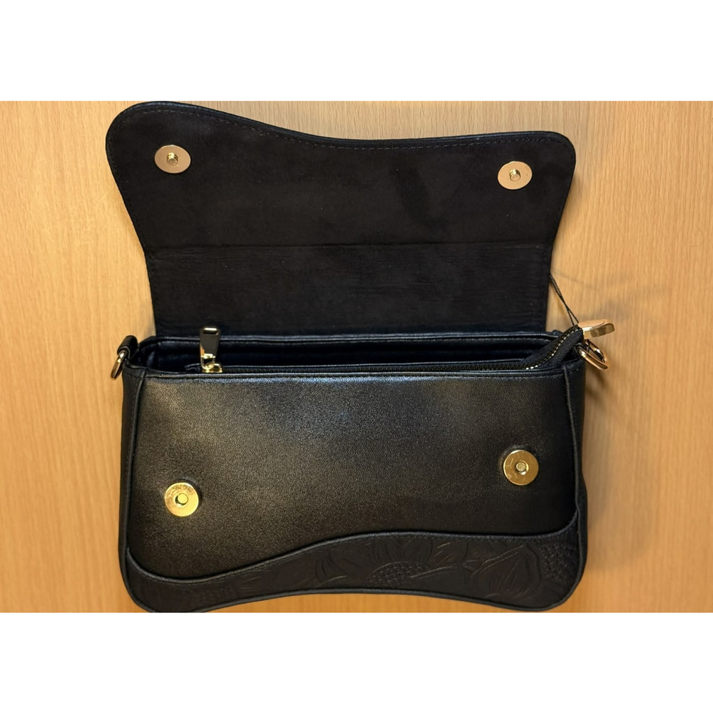 2 Straps Set Black Embossed Tooled Artisan LEATHER Shoulder Bag Crossbody Purse - Picture 8 of 15